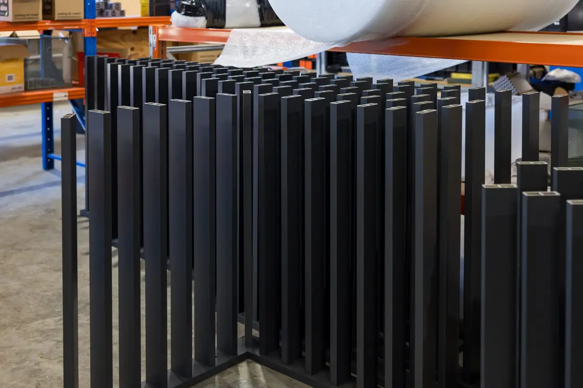 Racks of powder-coated battens on the Landsdale factory floor